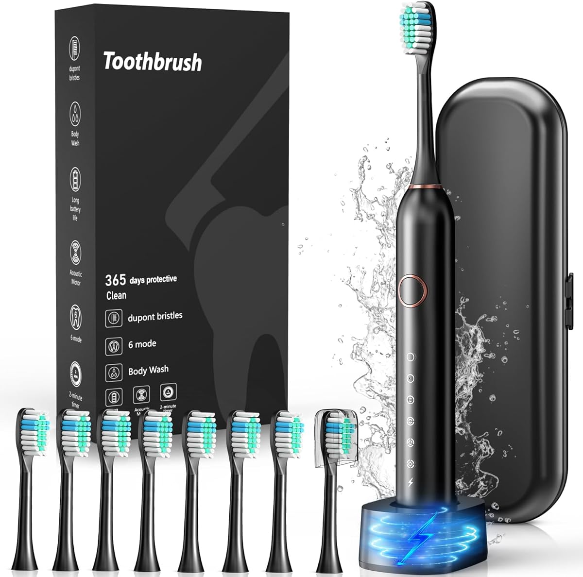 Electric Toothbrush, Sonic Type for Adults & Teens, 8 Brush Heads, Travel Case, 6 Modes, 40000 VPM Electric Motor, IPX7 Waterproof, 2 Minutes Timer, Wireless Charging, One Charge for 100 Days-Black