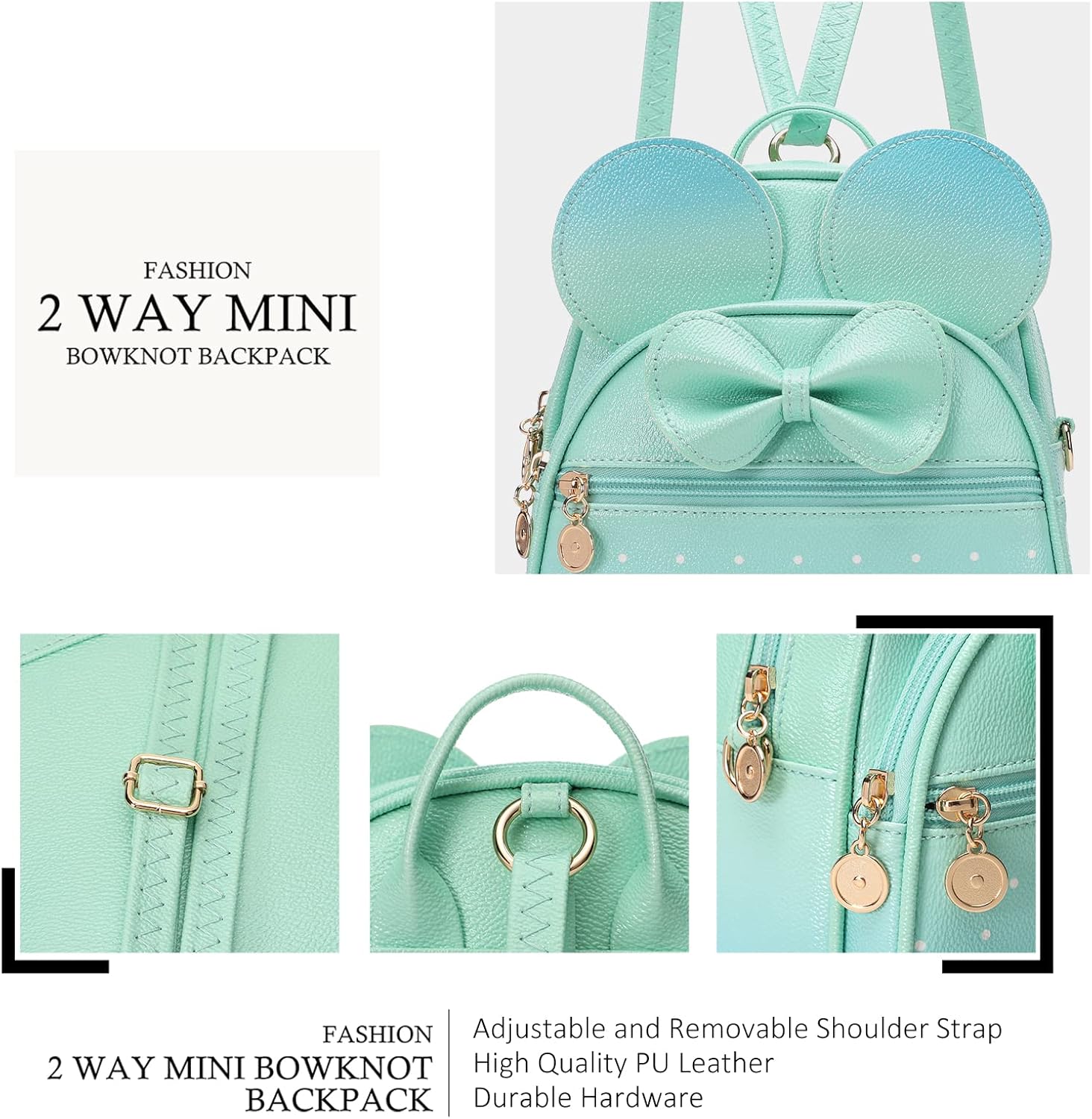 KL928 Girls Mini Backpack Bowknot Polka Dot Cute Small Daypacks Convertible Shoulder Bag Purse for Women - Image 3