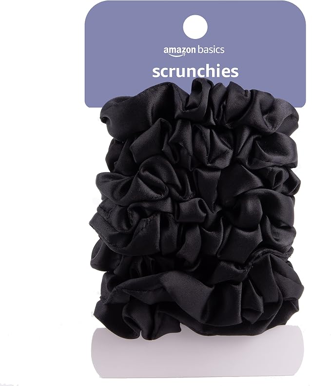 Amazon Basics Satin Scrunchies – No Crease, No Damage Hair Ties – Frizz Free, Gentle, Stylish Scrunchies. Black, 8 Count, For Thin and Normal Hair