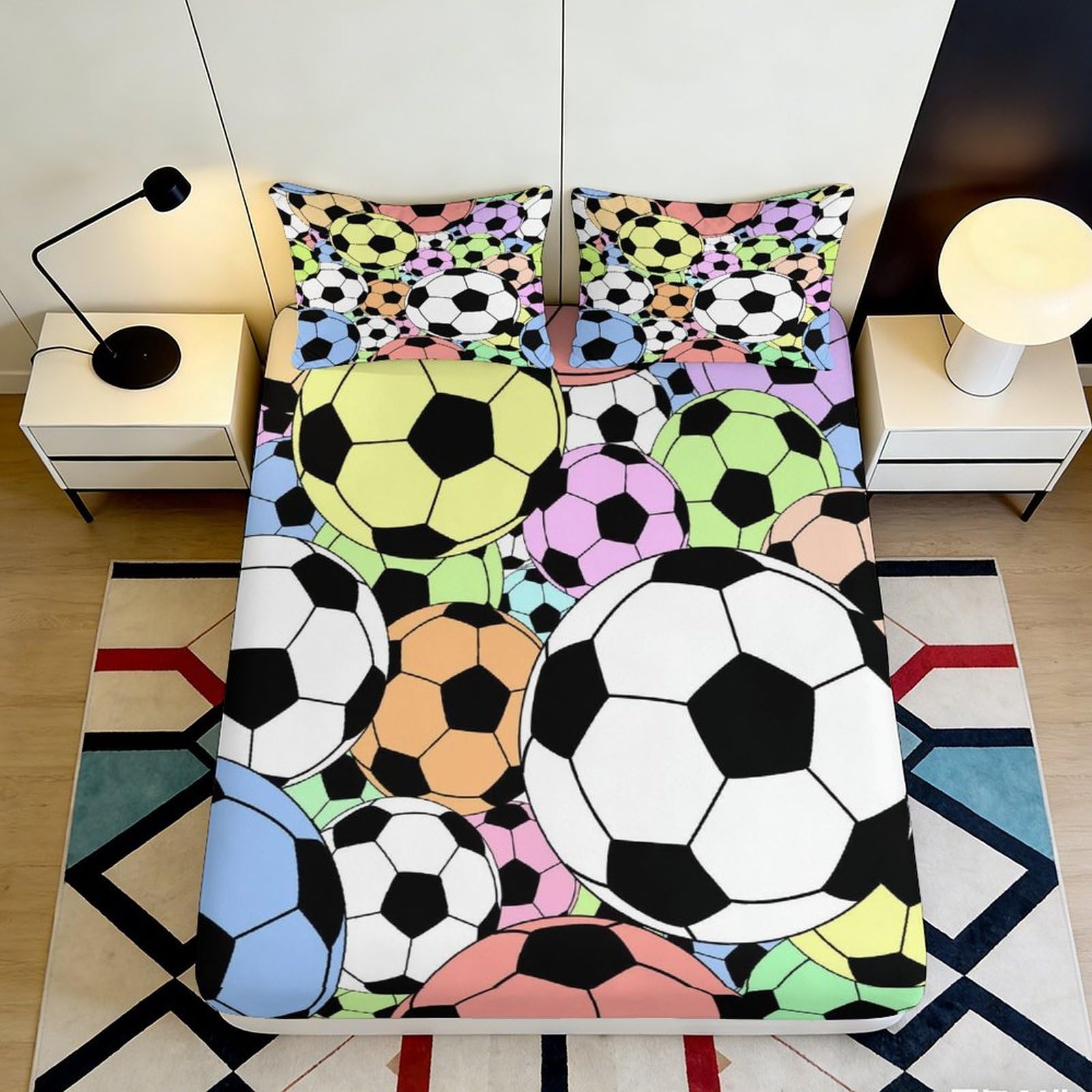 3D Printed Colorful Soccer Balls Fitted Sheet Microfiber Soft Non-slip Bed Cover for Bedroom Guestroom Decor 90x200x25cm