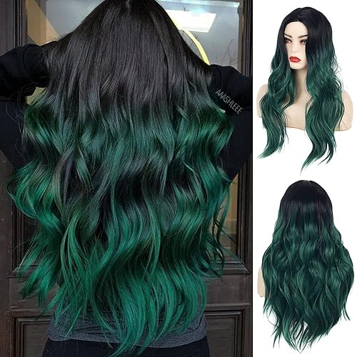 Baruisi Long Curly Wavy Ombre Black Green Wig Synthetic Natural
