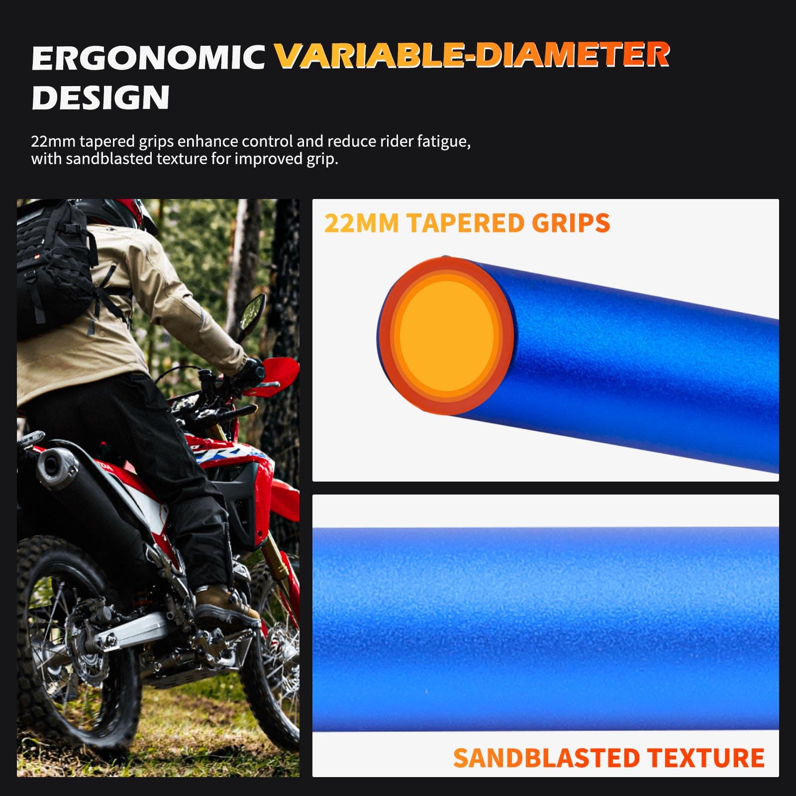 DREAMIZER Manubrio Moto Racing 1-1/8" per Dirt Pit Bike, Design a Sezione Variabile con Terminali 22mm, Universale Compatibile con Honda Yamaha Suzuki per Motocross Cafe Racer e Custom