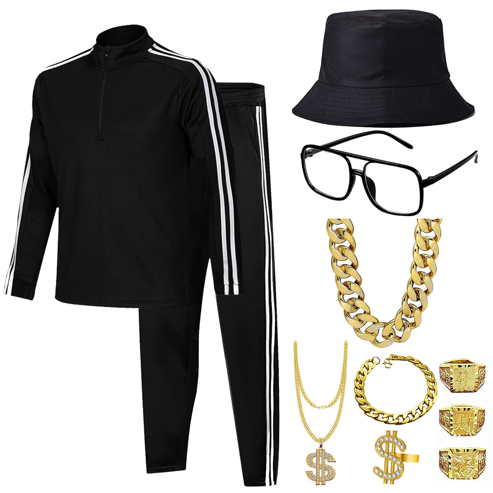 Mprocen 80s Costumes Men's 90s Tracksuit Clothing Retro Cool Old School Glasses Rapper Hat Hip Hop Track Suit Outfit Party