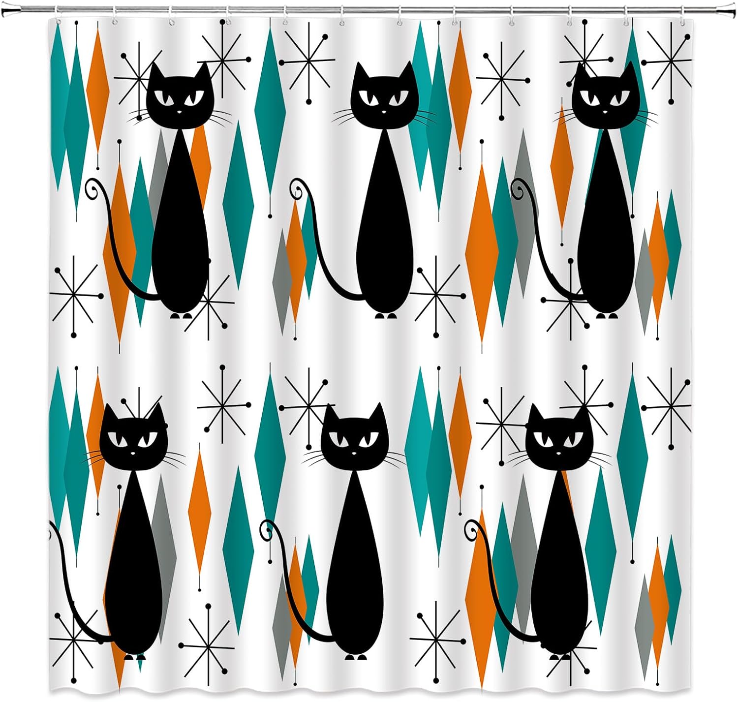 Mid Century Black Cat Shower Curtain Atomic Cat, 72 x 72 Inch