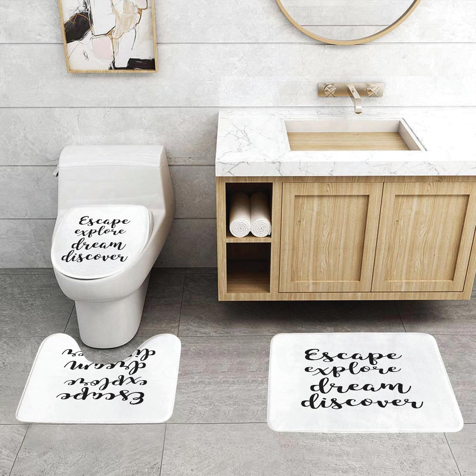 Set di 3 tappetini da Bagno, Lavabili in Lavatrice e Antiscivolo, tappetini in Morbida Fibra Superfine, Dolce, Citazione Escape Calligrafia Disegnata a Mano con Pennello Esplora