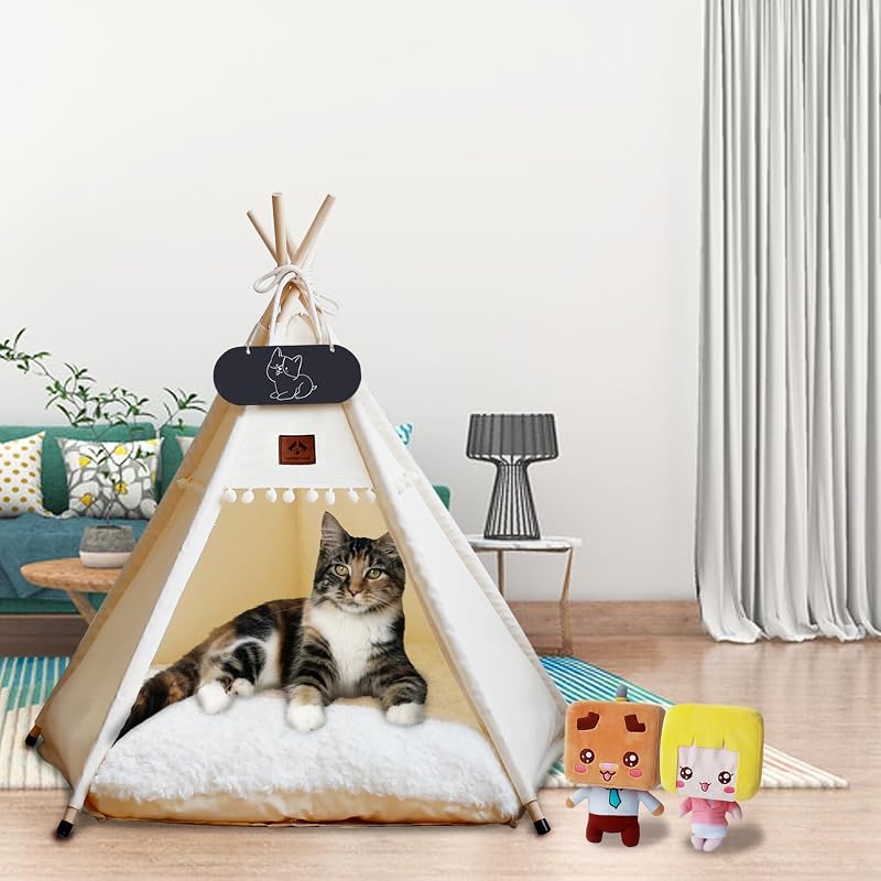 Cort pentru câini și pisici Mooipet Teepee cu pernă față-verso, culcuș detașabil și lavabil, căsuță pentru animale cu tablă de scris