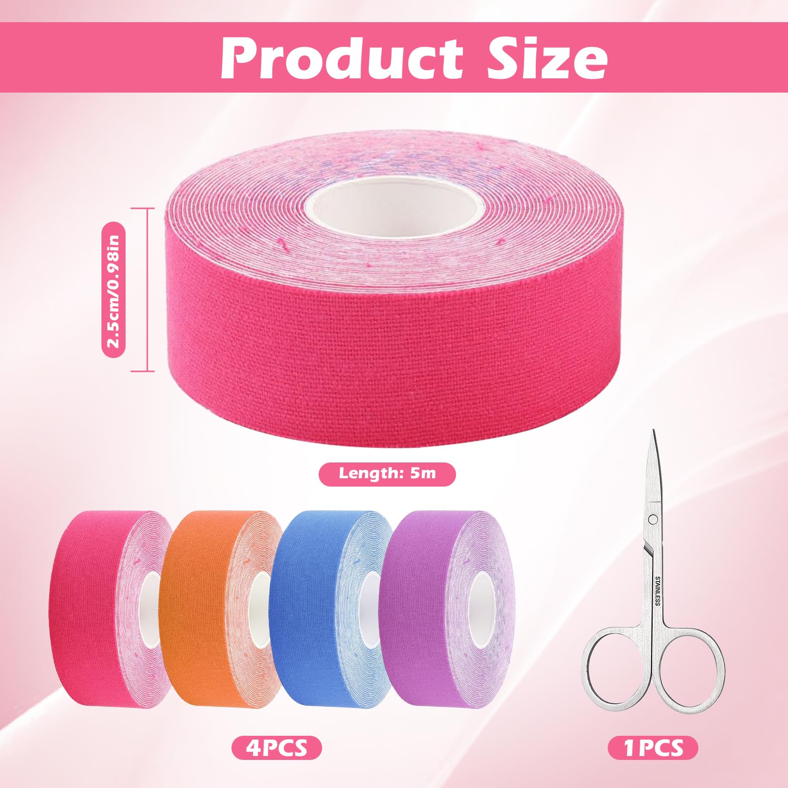 4 Rollos de Cintas Kinesiologicas Faciales y 1 Par de Tijeras,Parche Facial Antiarrugas 2.5cm×5m,Tiras de Lifting Facial,Multifuncional y Alta Elasticidad,Esparadrapo Facial Antiarrugas