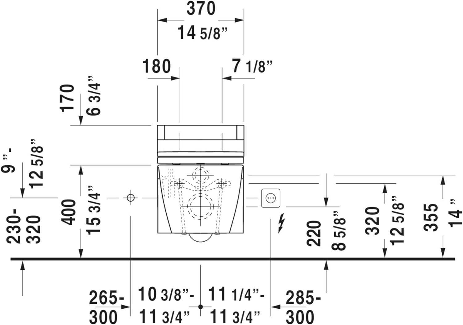 Blaen view dimensions of Duravit Starck 2 toilet