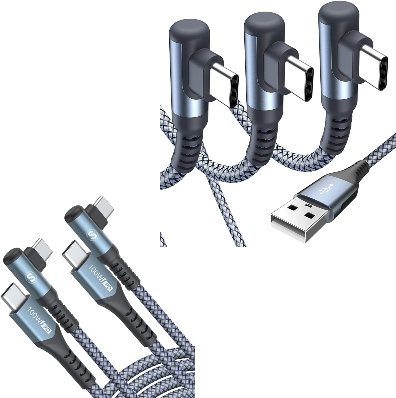 USB-C Cable Right Angle 3-Pack 10ft+6.6ft+3.3ft & USB C to USB C Cable PD 100W Nylon Braided Cord for iPad Pro Air 4 5 Mini 6, MacBook, Samsung S22 S21 S20 S10 Note 20 10 9 8 LG Moto Pixel PS5 Switch