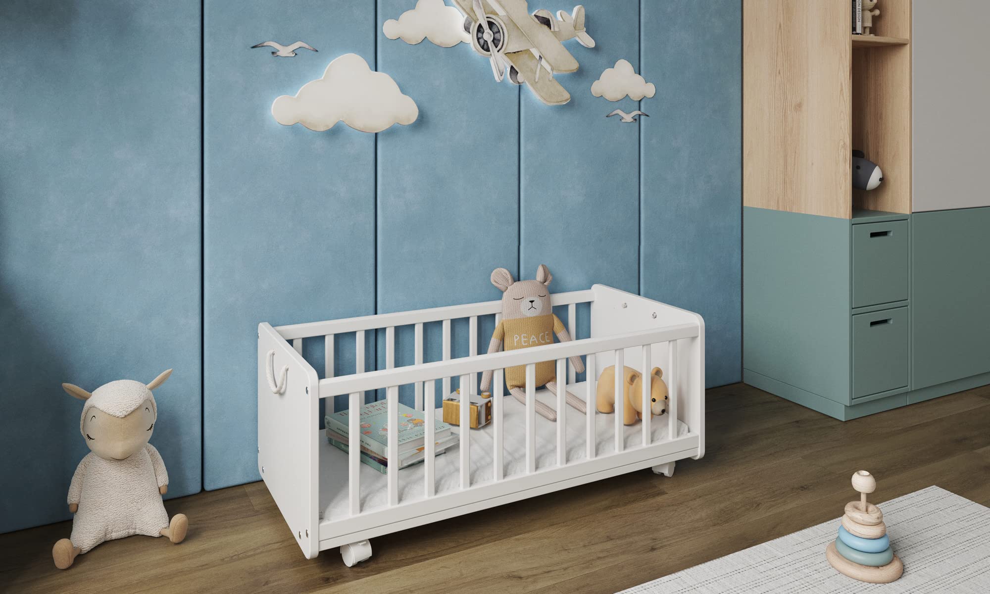 Love For Sleep Cuna Multifuncional 6 en 1 de Madera para Bebé 90x40 cm SMARTCRIB con Ruedas y Colchón – Cuna Colecho, Moisés, Banco, Mesa y Caja de Juguetes