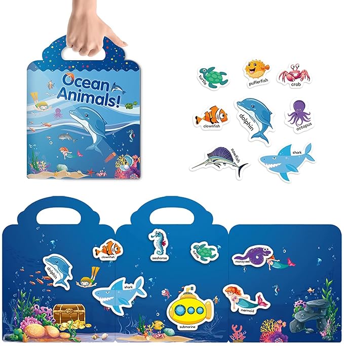 Chocozone 32 Reusable Stickers Book Waterproof Stickers Toys for 2 Years Old Boys & Girls Learning Preschool Educational Book for Kids (Ocean Animals), Polyvinyl Chloride