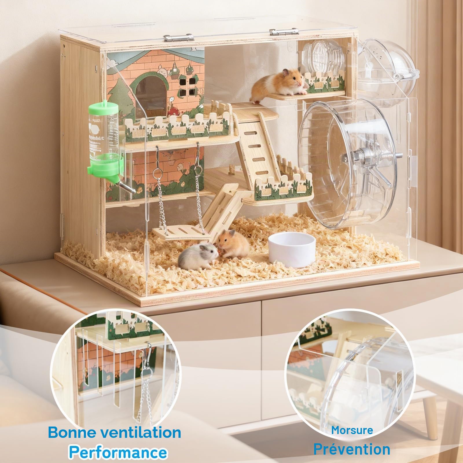 Cage en Bois pour Hamster, Habitat avec Vue à 270° | Une Cage à Hamster Bien Aérée, Avec Panneaux Acryliques Bien Visibles, Cage Ventilée pour Petits Animaux (Gerbilles, Cobayes)