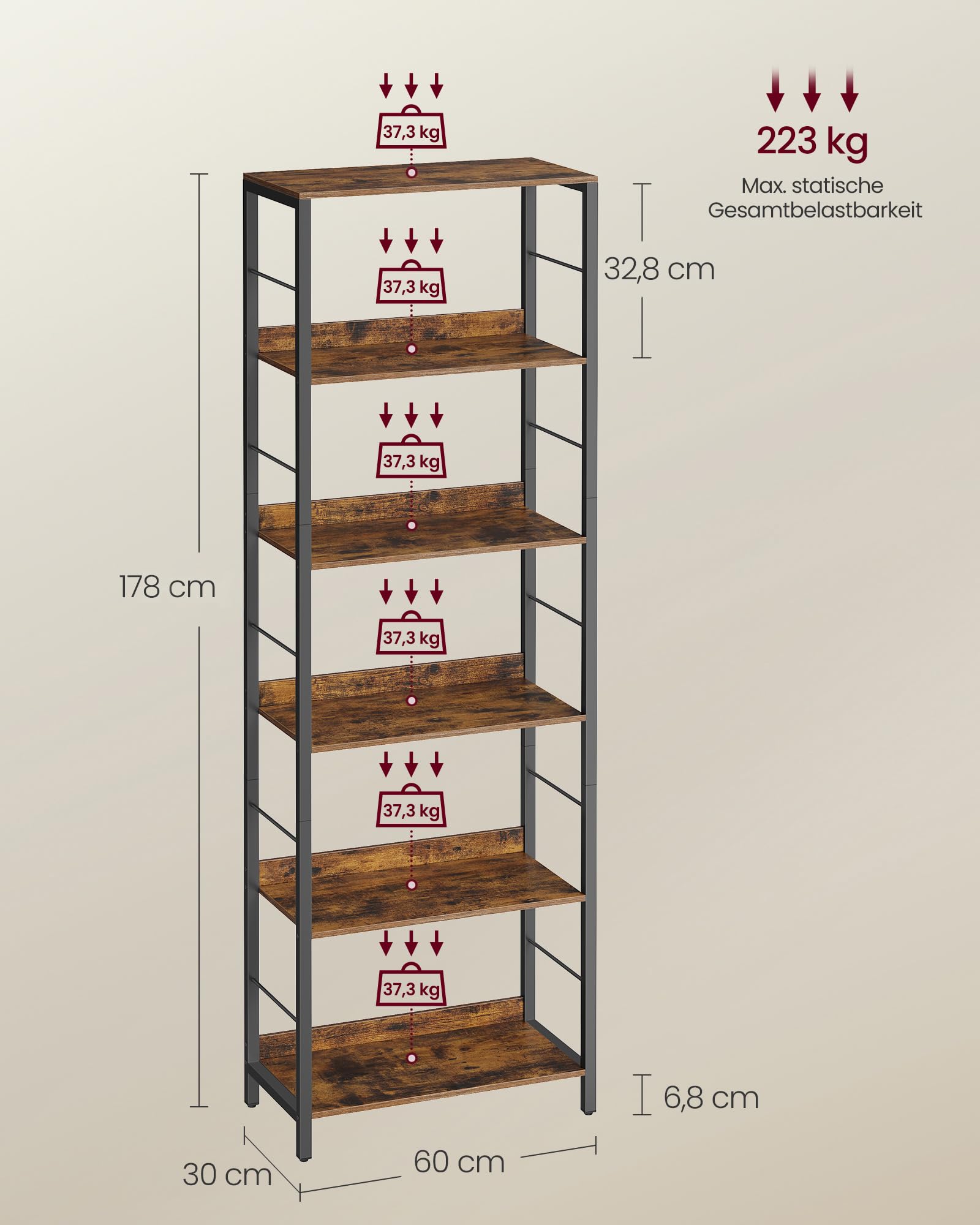 VASAGLE Bücherregal 6 Ebenen 30 x 60 x 178 cm mit Rückplatten Industrie-Design vintagebraun-tintenschwarz LLS118B01