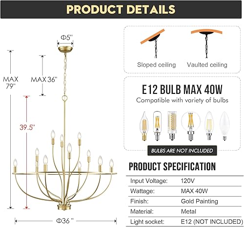 Miniatura 5 de FookChak Lámpara de araña grande dorada, lámpara de 12 luces para vestíbulo, lámpara de techo alto de 36 pulgadas moderna de latón para sala de