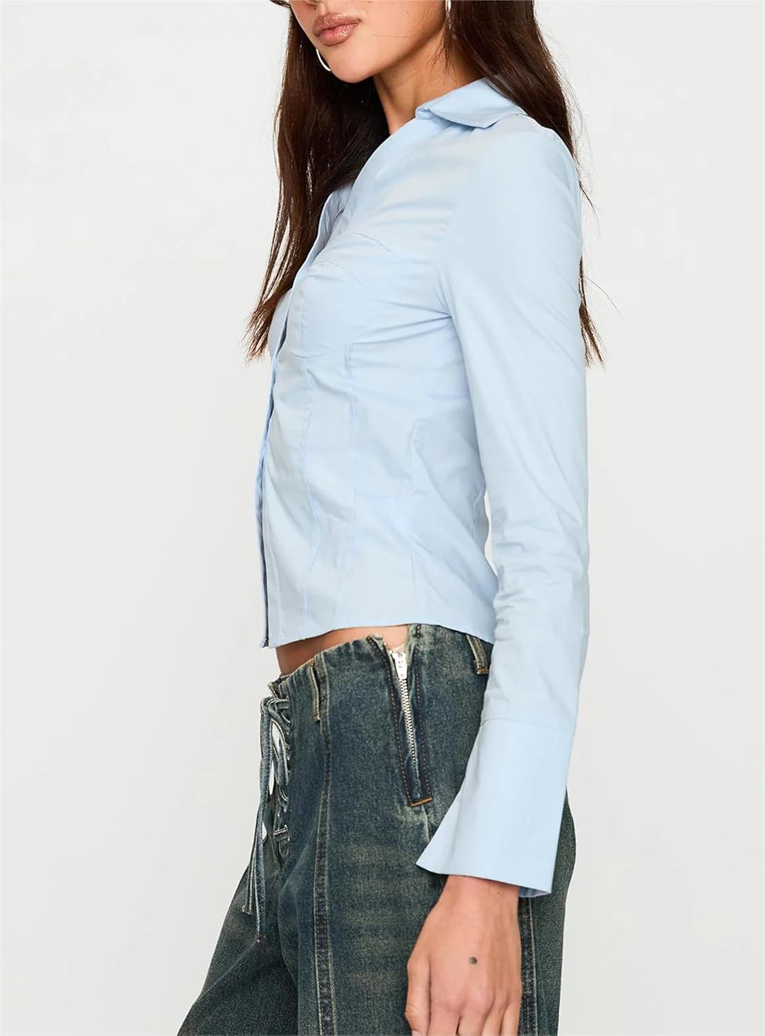 Women Long Sleeve Slim Button Up Shirt Solid Color Y2K Button Down Blouse Vintage Slim Fitted Collared Dressy Top - Image 3