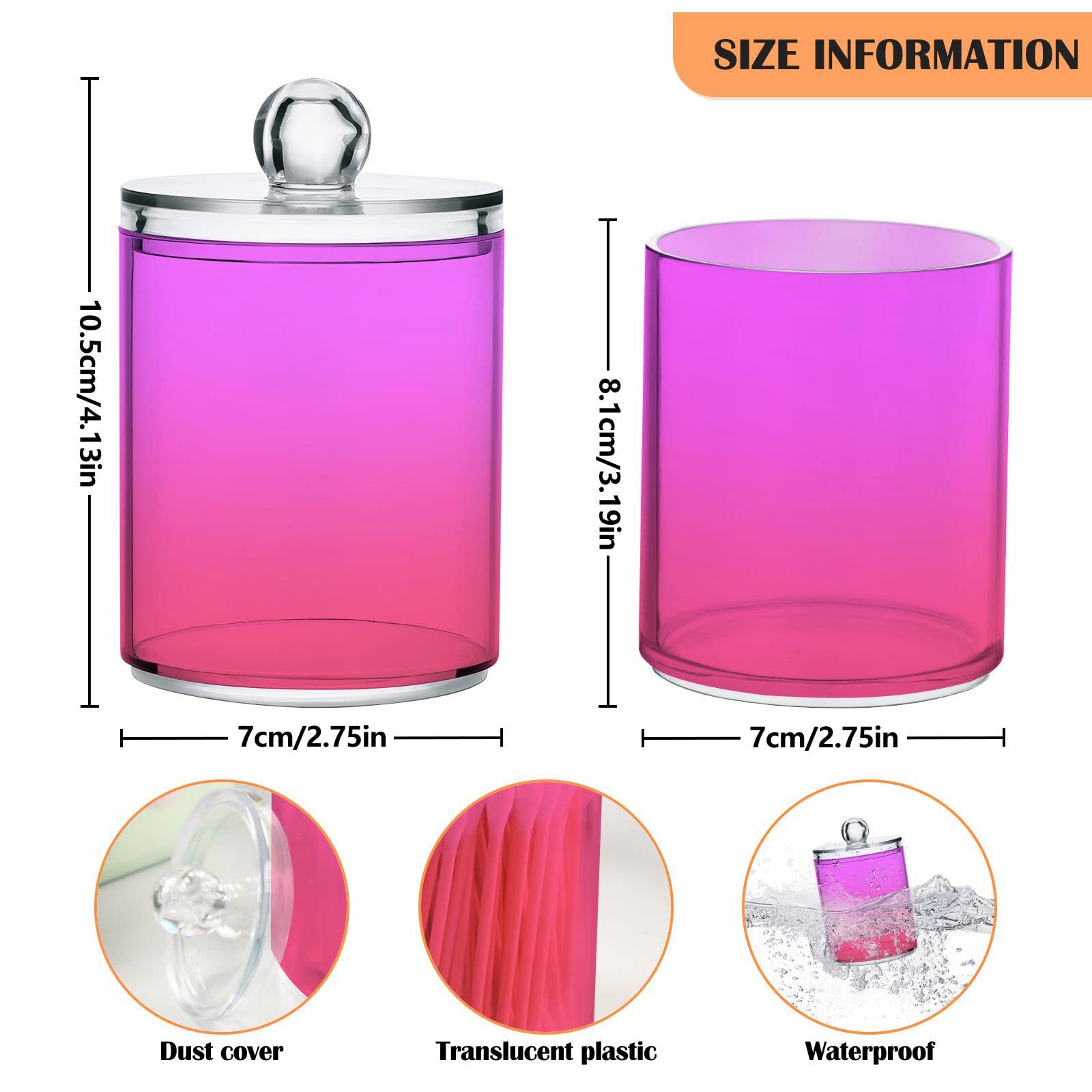 Magenta Purple Fuchsia Qtip Dispenser Apothecary Jars Bathroom Qtip Holder Storage Canister Plastic Jar 10 Oz for Cotton Ball Swab Round Pads Floss 2pcs