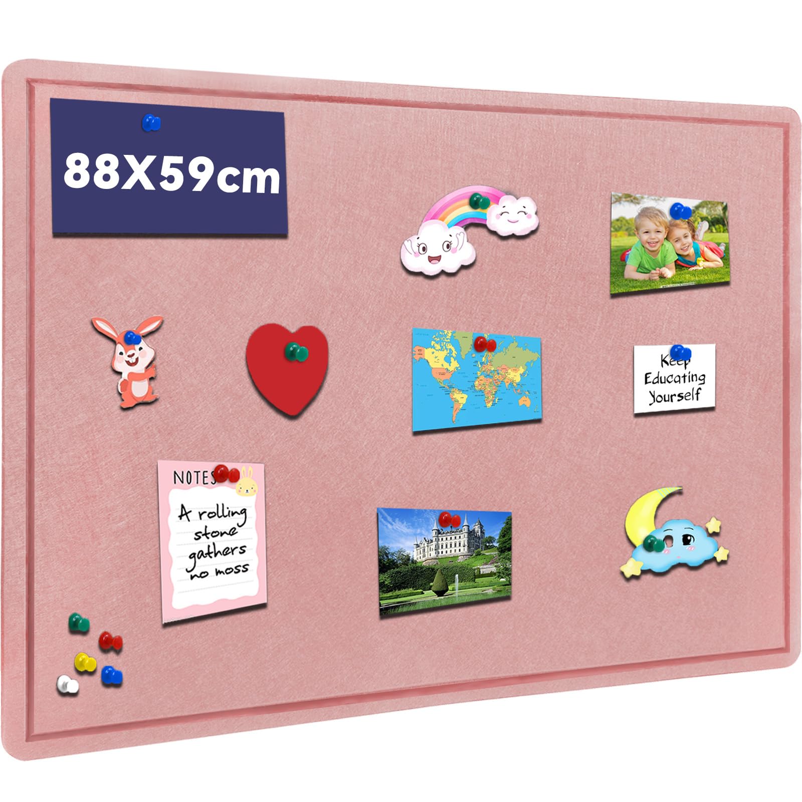 Bulletin Board, 88 x 59cm Cork Board with 20 Pushpin, Felt Notice Pin Board, Self-Adhesive Vision Board Foldable Photo Board for Wall - Pink