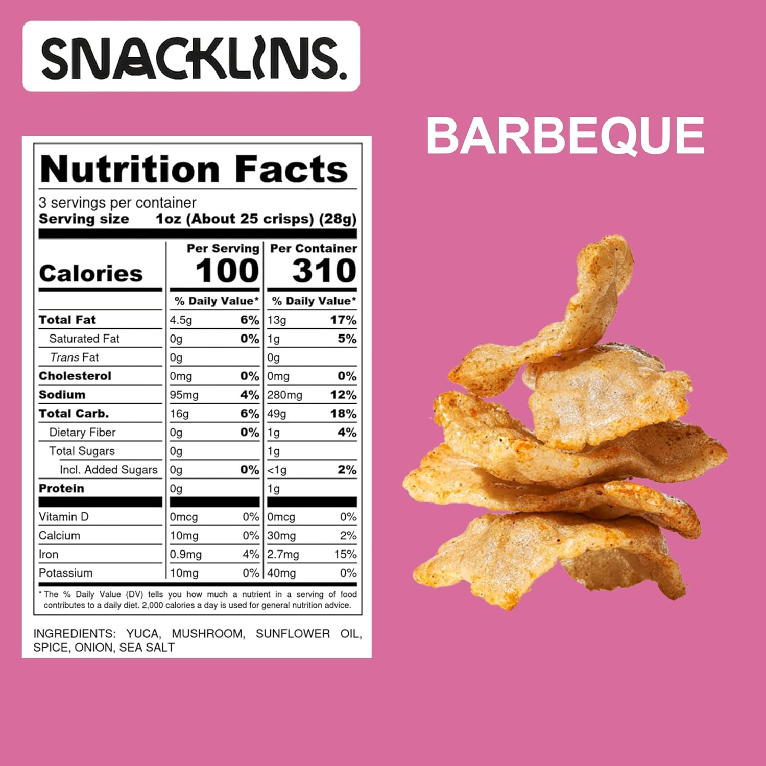 SNACKLINS Plant Based Crisps - Vegan Healthy Snacks - Gluten Free, Grain Free, 100% Kosher For Passover, Low Calorie - No Added Sugar, Crunchy, Puffed Snack - Barbeque - 3oz Bag (6 Pack)