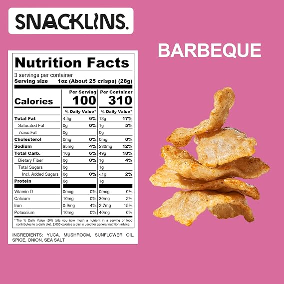 SNACKLINS Plant Based Crisps - Barbeque - Vegan Healthy Snacks - Gluten Free, Grain Free, Plant Based Crisps, 100% Kosher For Passover, Low Calorie - No Added Sugar, Crunchy, Puffed Snack - 3oz Bag (1 Pack)