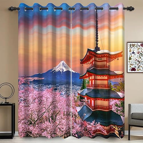 Miniatura 2 de Cortinas de ventana con diseño de cerezo rosa, Ukiyoe Fuji, montaña, templo asiático, cortina exótica para sala de estar, dormitorio, decoración de