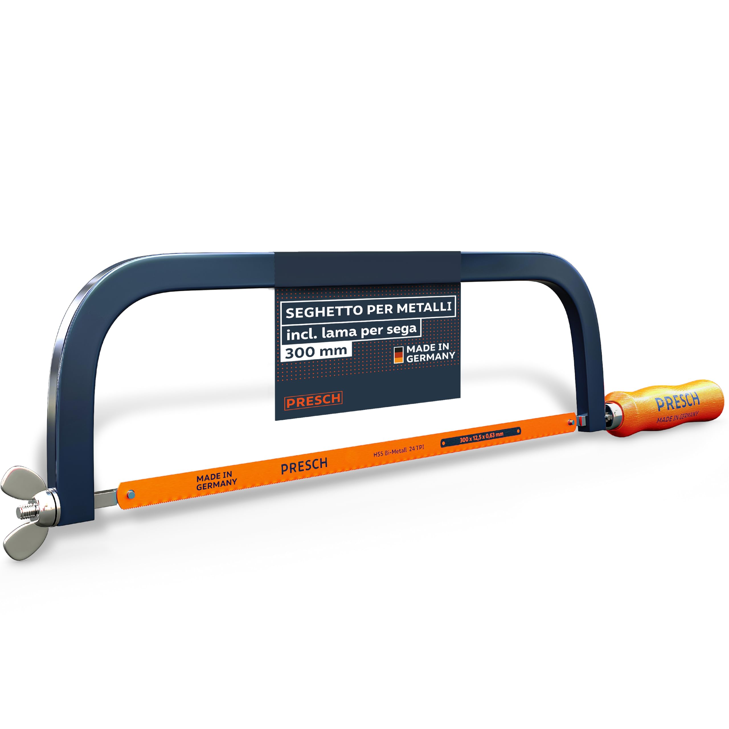 Presch Seghetto per metallo 300mm - Con lama in BI-metal per tagli precisi - Rotazione di 90° della lama per tagli orizzontali e verticali - Sostituzione rapida delle lame - Seghetto per ferro ecc.