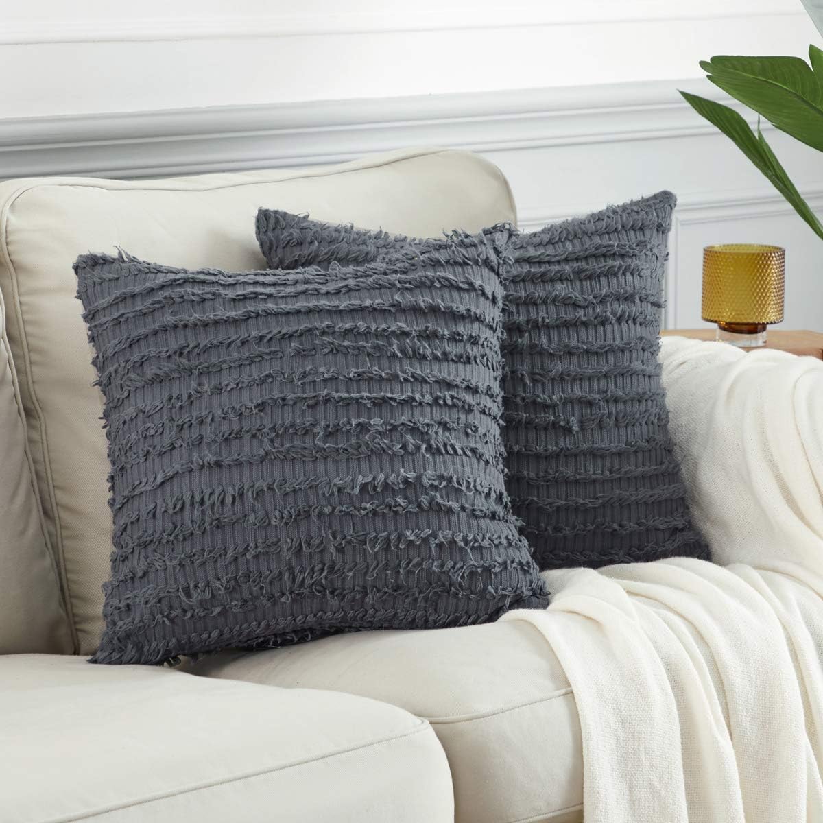 Throw Pillows Covers 18 x 18,Set of 2 Grey Linen Throw Pillows for Couch Bed,Accent Home Decorative Square Cushions Cases Shams Pillowcases Farmhouse,45 x 45 cm