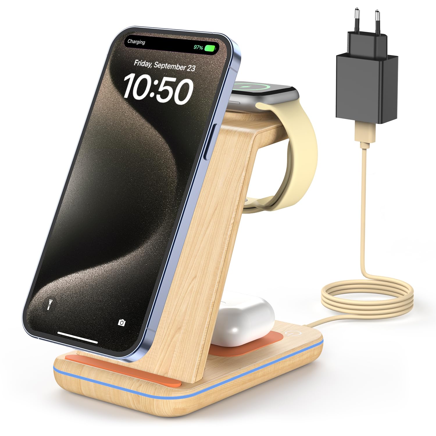 JoyGeek 3 in 1 Kabelloses Ladegerät, Wireless Charger für i Phone 17/16/15/14/13/12/11/X, Induktive Handy Ladestation für iWatch 11/10/9/Ultra/SE/8/7/6/5/4, für AirPods 4/2/3/Pro, Bamboo