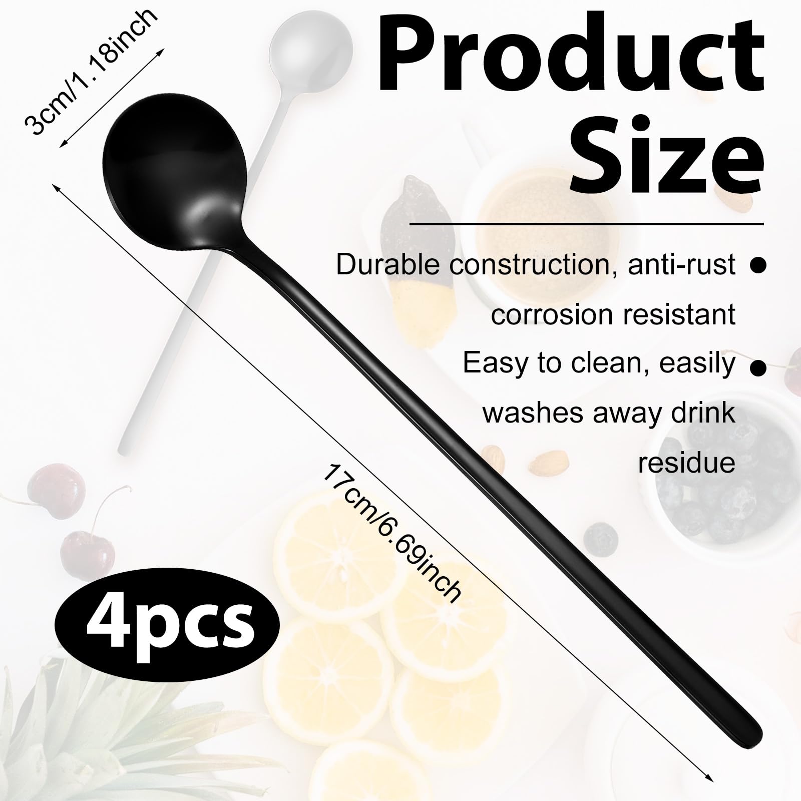 4 cucharas de café de acero inoxidable negro satinado, 6,7 pulgadas, cucharas de té helado, espresso para espresso, cucharas de postre, cucharas grandes redondas