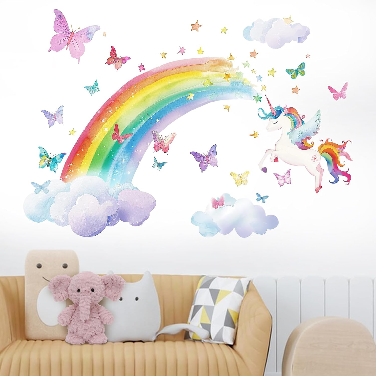 Mfault Watercolor Rainbow Unicorn Wall Decals Stickers, Clouds Butterfly Nursery Decorations Baby Bedroom Art, Stars Toddlers Kids Girls Boys Room Playroom Decor - Image 4