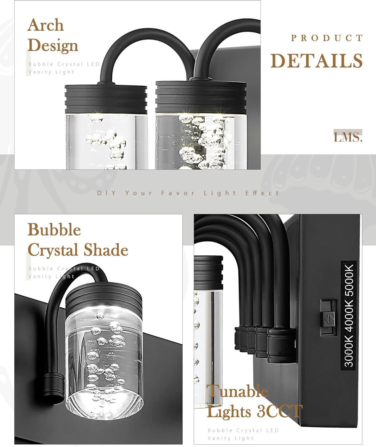 LMS LED Dimmable 5 Lights Bathroom Vanity Light, Matte Black Modern Vanity Lights with Bubble Crystal Shade, 20W 3000/4000/5000K, LMS-176-5