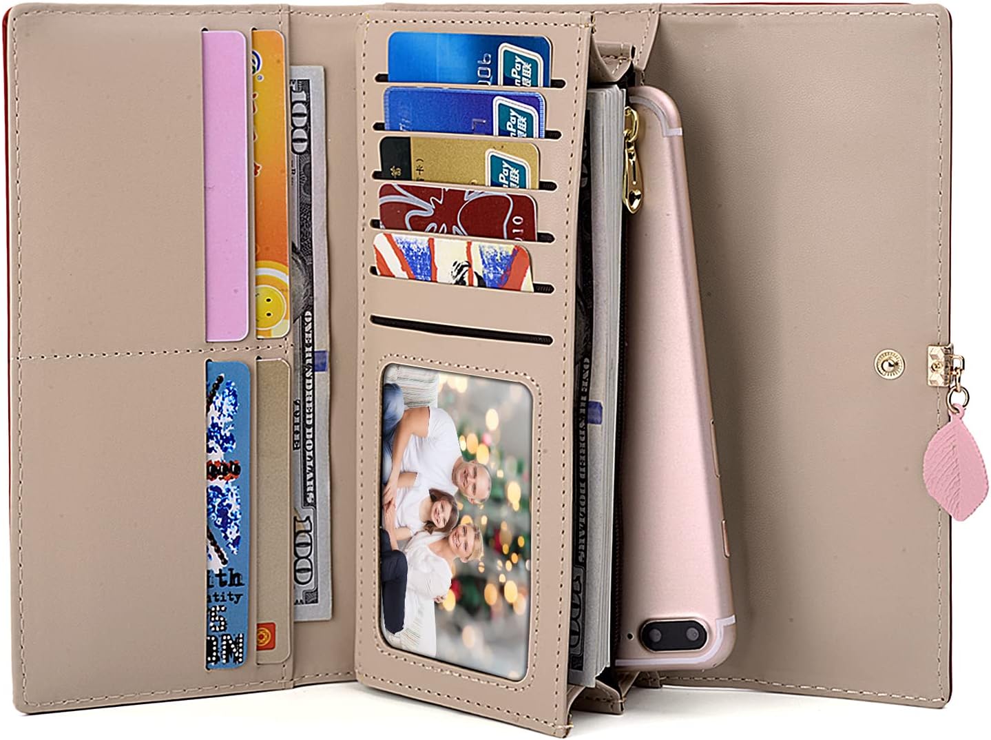 UTO Wallet for Women PU Leather Leaf Pendant Card Holder Phone Checkbook Organizer Zipper Coin Purse Large 0453 Red RFID