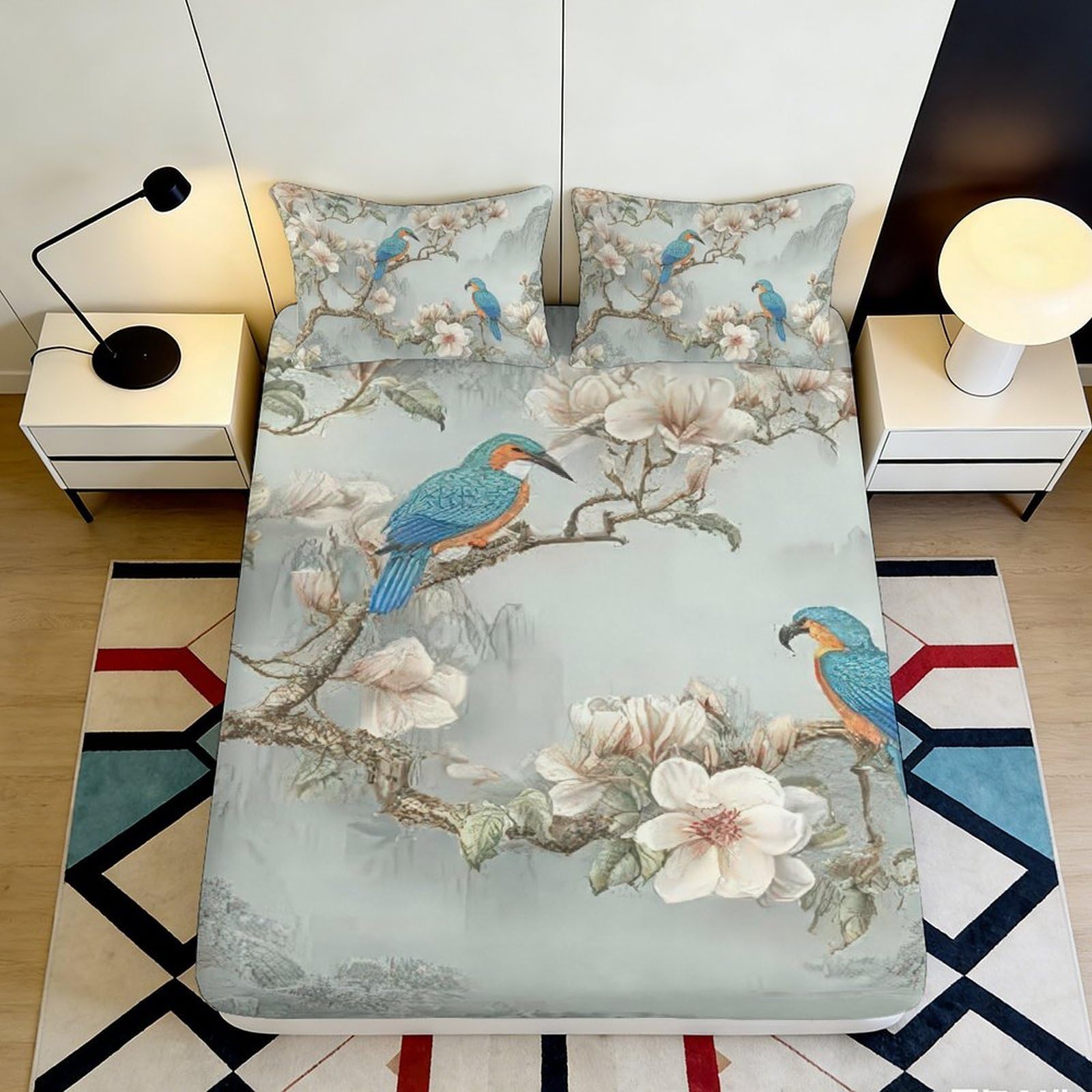 Pnayamiorkfel Style-6 3D Printed Kingfisher Magnolia Fitted Sheet Microfiber Soft Blue Bird Bed Cover For Bedroom Guest Room Decor 90X200x25cm