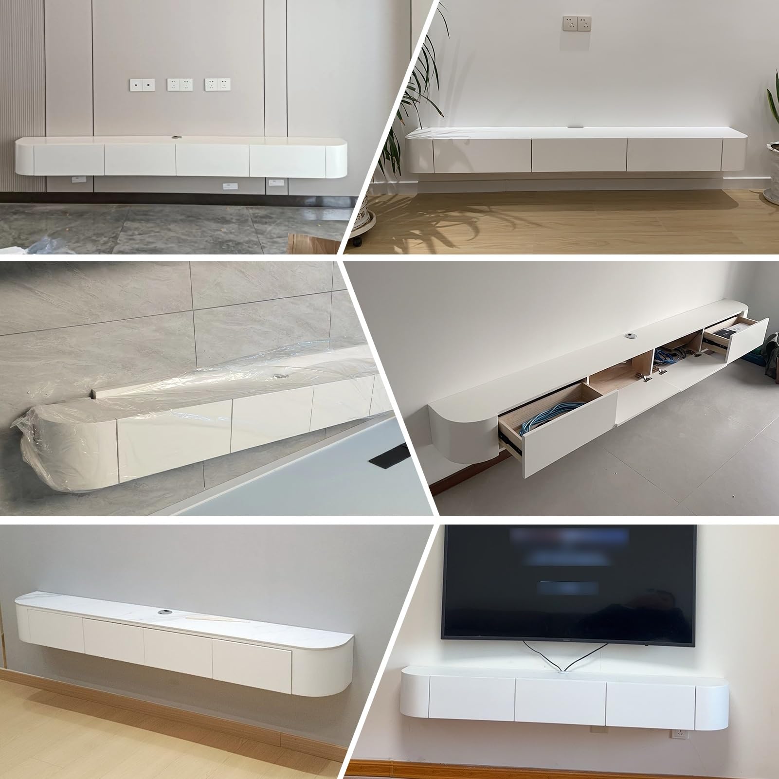 Schwebende TV-Einheit mit Schubladen und Stauraum, moderner wandmontierter TV-Schrank für Wohnzimmer, Schlafzimmer oder Media-Raum, Unterhaltung, Medienkonsole, Center mit schwebenden Regalen