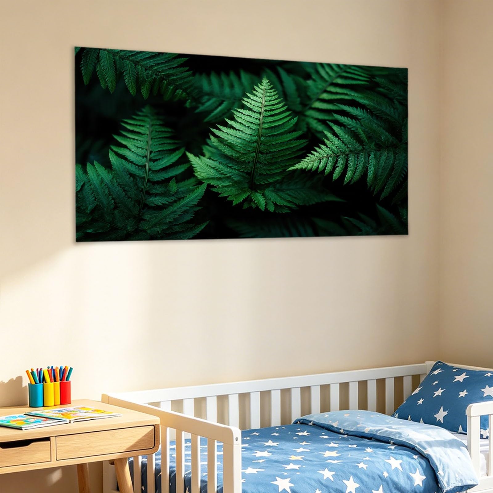 Stampa fotografica con foglie verdi per soggiorno, 120 x 60 cm (lunghezza x larghezza), moderna decorazione da parete, per camera da letto, bagno, ufficio, sala da pranzo, corridoio, cucina
