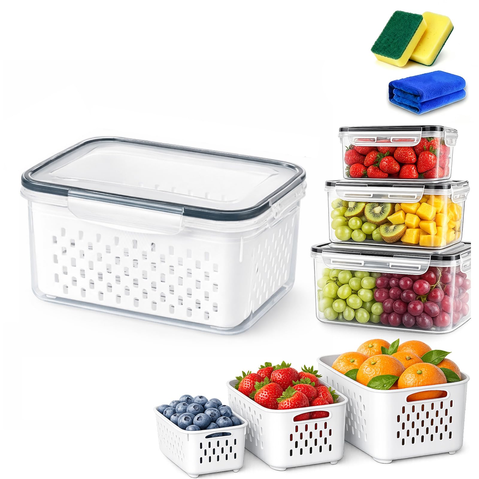 Liocwocne Food Storage Containers for Fridge with Removable Colander & Airtight Lids (Gray,L)