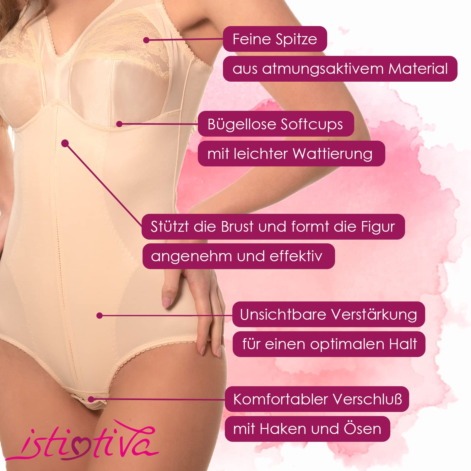 Rossella - Figurformender Body Shaper Damen mit feiner Spitze und hohem Leicht wattierte Softcups ohne Bügel