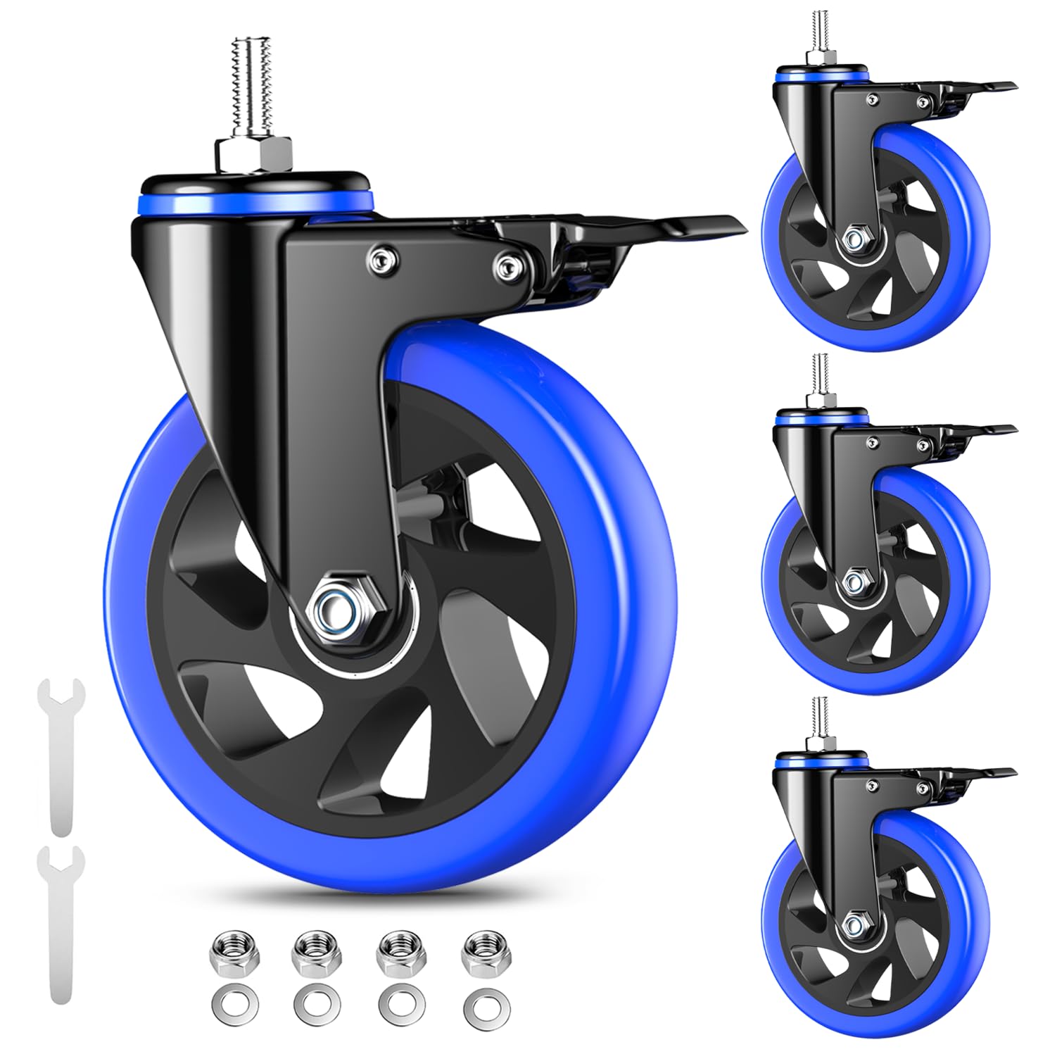 5-calowe kółka jezdne, wytrzymałe, 2200 funtów, kółka z gwintowanym trzpieniem 1/2"-13 x 1 (średnica trzpienia 1/2", długość trzpienia 1"), zestaw 4 kółek obrotowych z blokadą, przemysłowe kółka jez