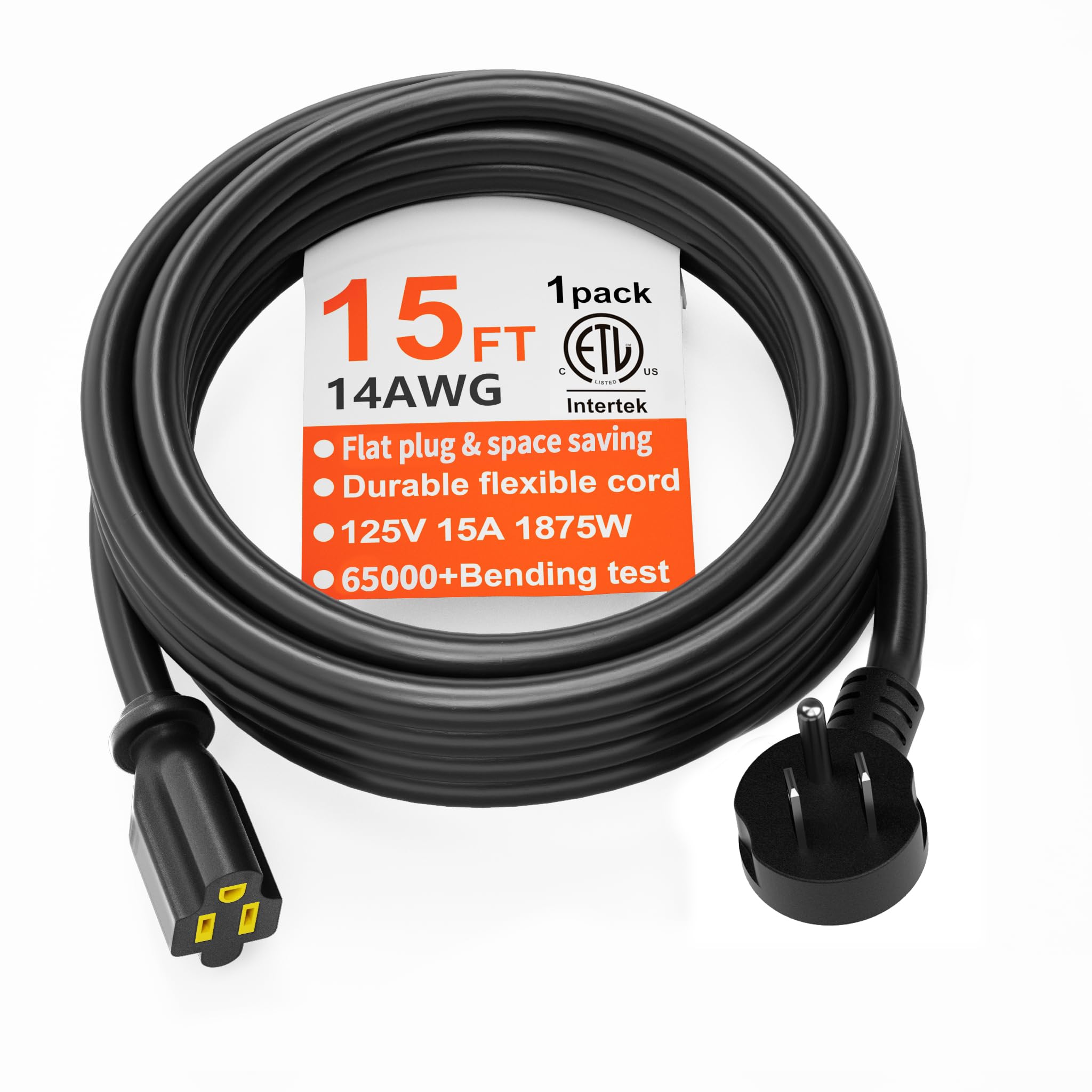 HUANCHAIN Cable de extensión de enchufe plano de calibre 14 de 15 pies, color negro para interiores y exteriores, resistente cable de extensión de perfil bajo a tierra de 3 puntas flexible, 15 A, 1875