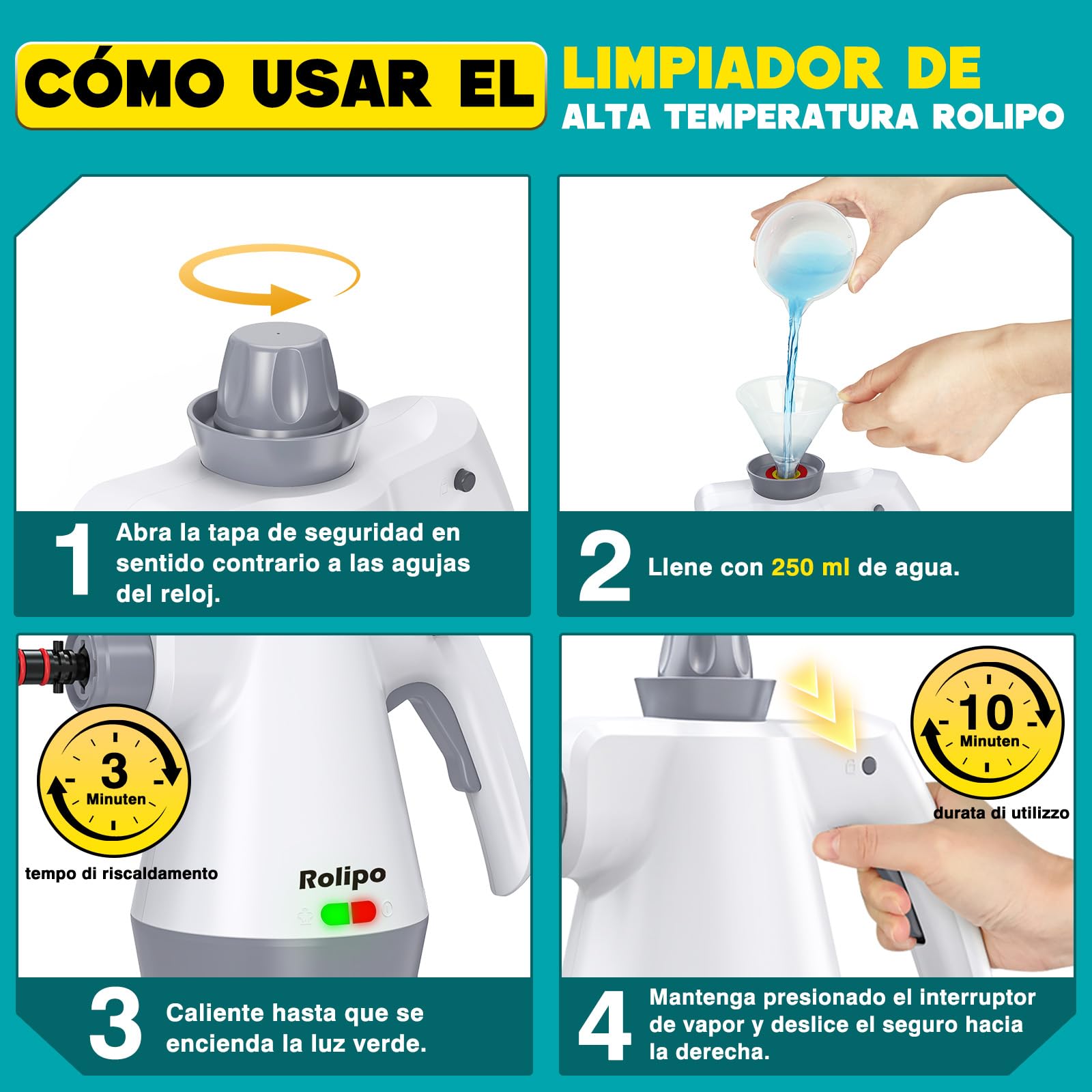 Rolipo Limpiador a vapor portátil a presión con 12 accesorios y cierre de seguridad, pistola de vapor doméstica multifuncional para limpiar cocina, baño, juntas, ventanas y grasa
