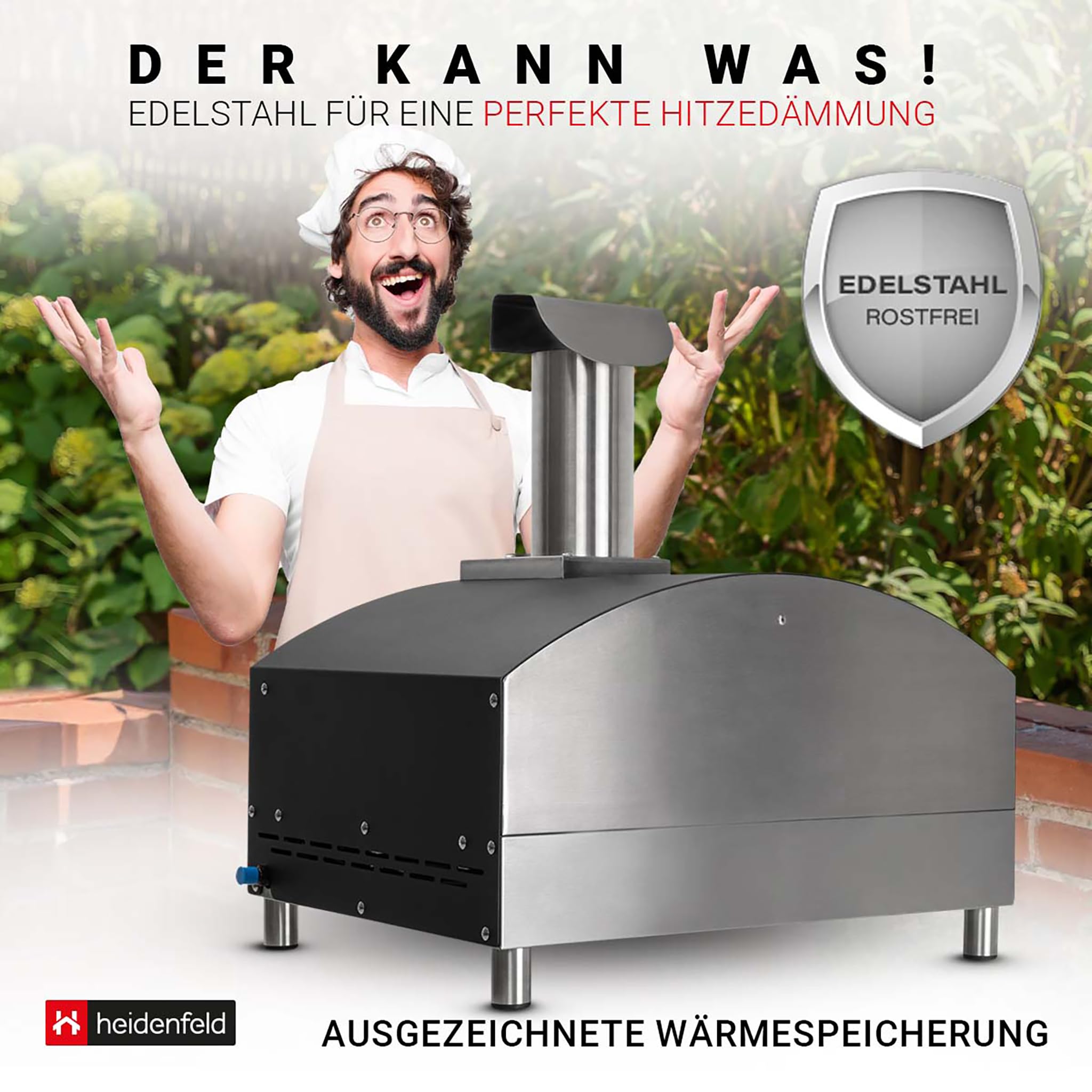 Heidenfeld Gas Pizzaofen Venezia | Gasofen - 500°C - Pizza Ofen - Pizzamaker - Edelstahl - Brot Backofen - Pizza Maker - Pizzastein - Pizza Grill - Gartenofen Outdoor (Silber)