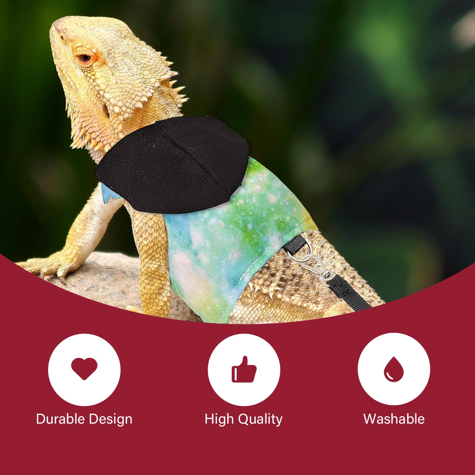 Bearded dragon lizard hoodie leash suit reptile pet outdoor chest harness chameleon squirrel leash hooded clothes suitable for bearded dragon lizard reptiles(Black hat) - Image 4
