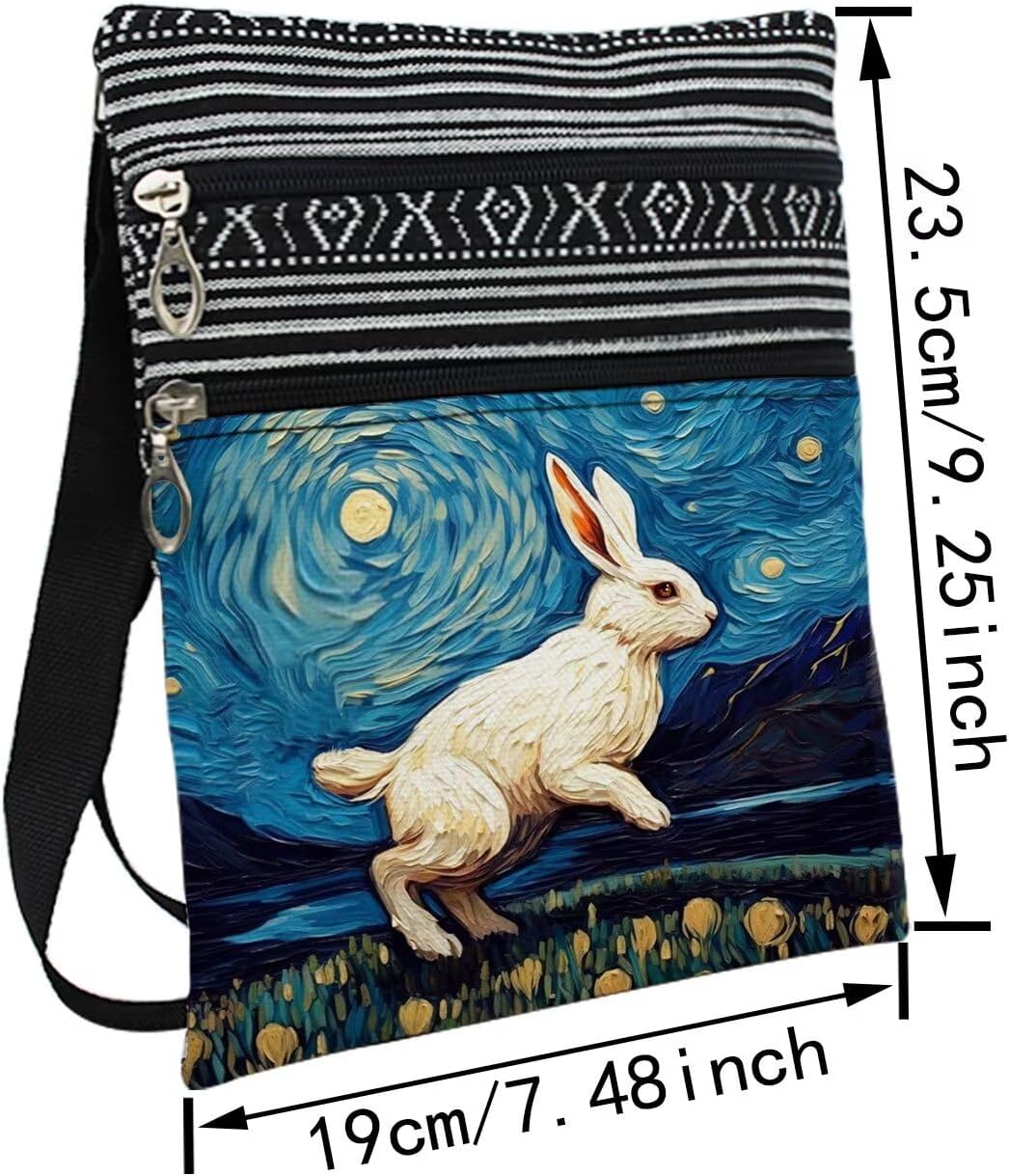 Starry Sky Bunny Messenger Bag Small Ethnic Pattern Printed Adjustable Strap Crossbody Zipper Pouch Starry Sky Bunny Phone Organizer Wallet Cute Shoulder Handbag for Women - Image 4