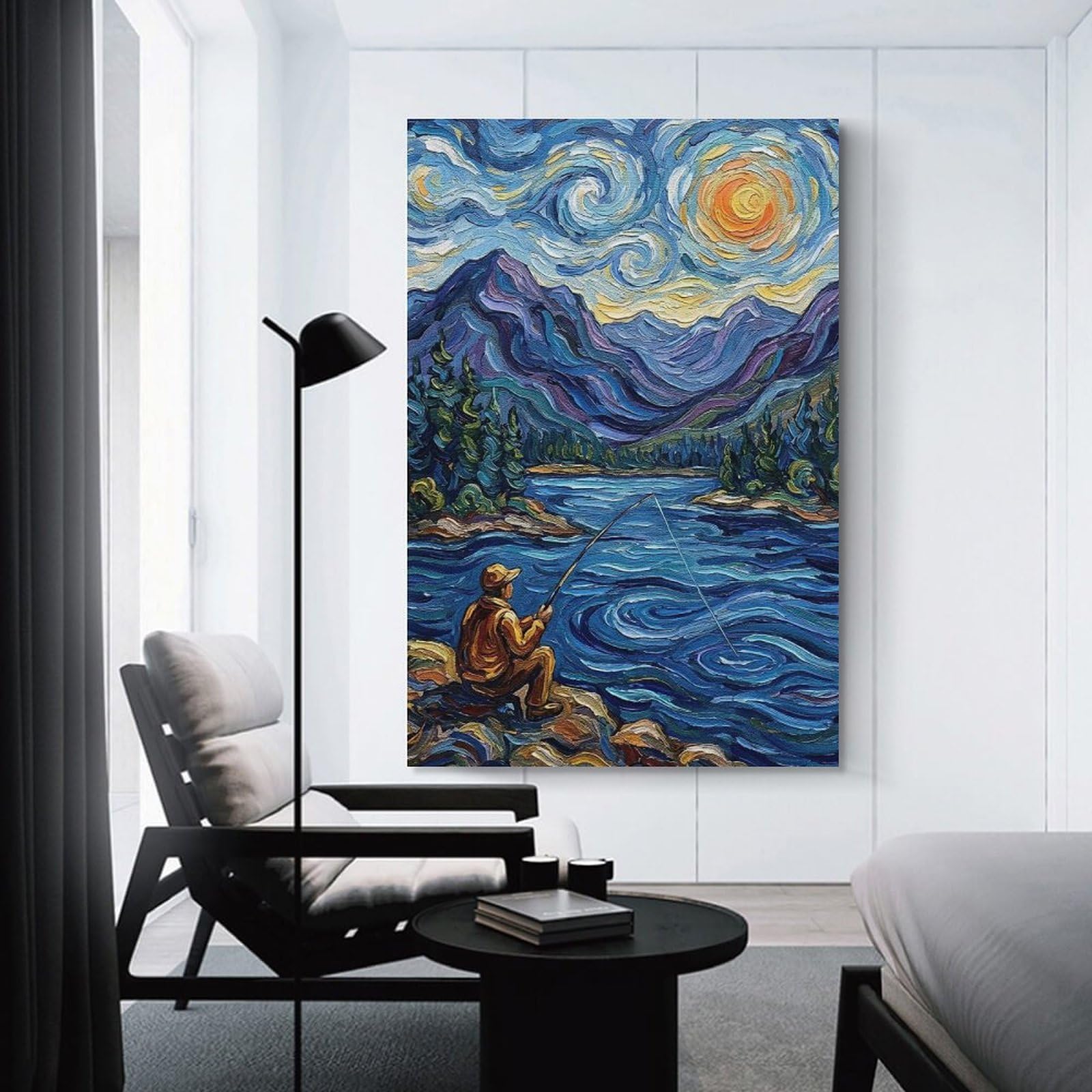 Junmoney Fishing by The Lake, Starry Night Wall Art Print, 20x30inch(50x75cm), for Study, Office Or Focused Interiors, Home Office Artwork with Decorative Appeal