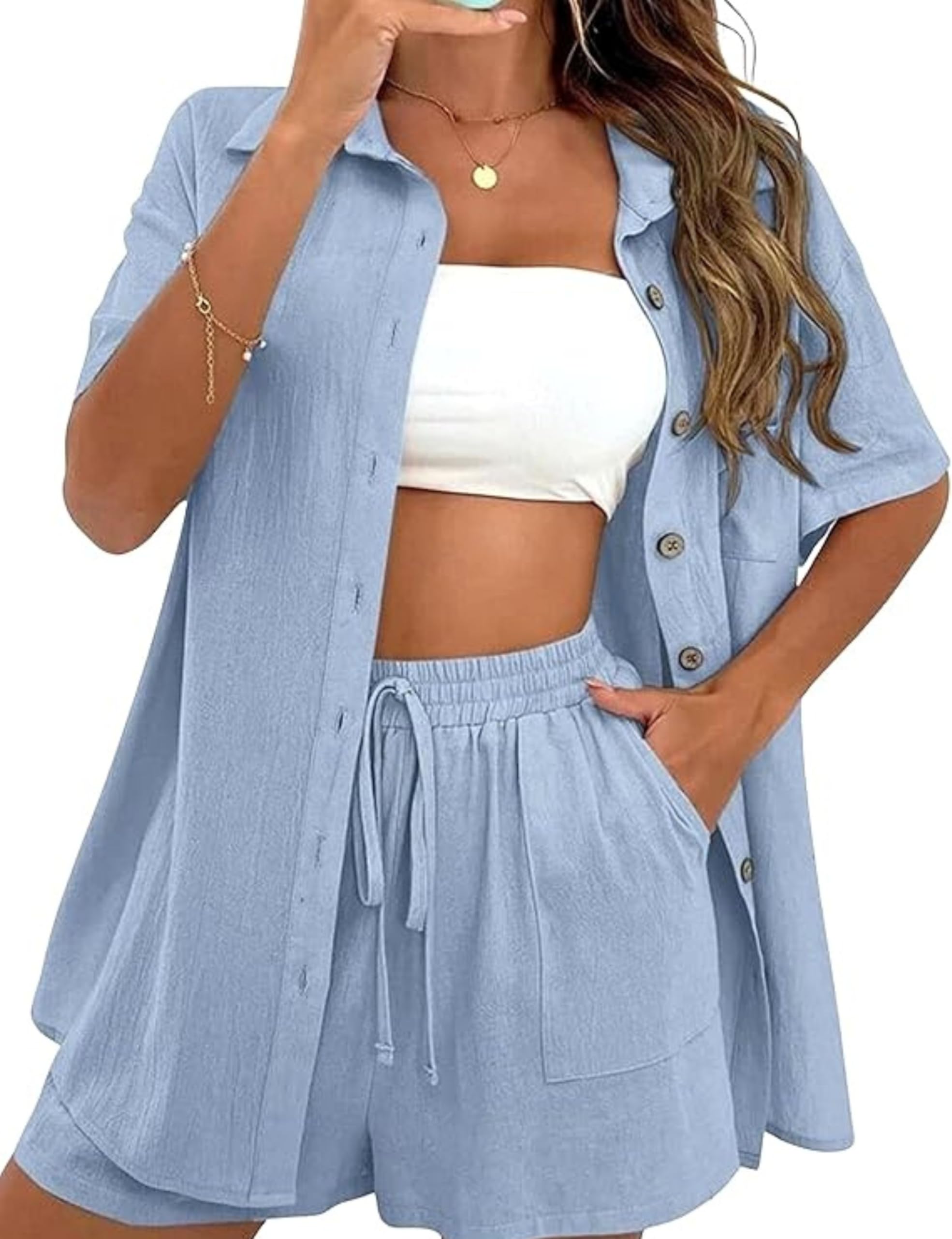 SeekMe Linen Short Sets for Women Short Sleeve Top Shorts 2 Piece Summer Beach Vacation Outfits Lounge Tracksuits