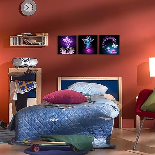 Miniatura 4 de iKNOW FOTO Juego de 3 lienzos abstractos de mariposas moradas para pared, pintura de flores sobre lienzo, obras de arte contemporáneas para