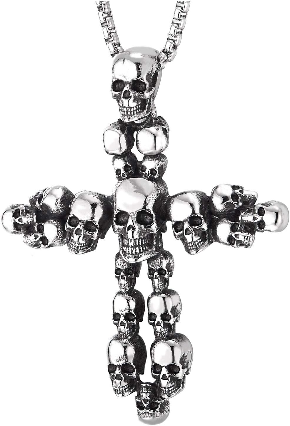 COOLSTEELANDBEYONDStainless Steel Mens Gothic Vintage Skull Cluster Cross Pendant Necklace with 30 inches Wheat Chain