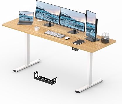 Electric Standing Desk 200x80cm, Height Adjustable Standing Desk with Headphone Hooks, Stand Up Desk Home Office Desk with Memory Function and Child Lock White Frame+ Maple Desktop