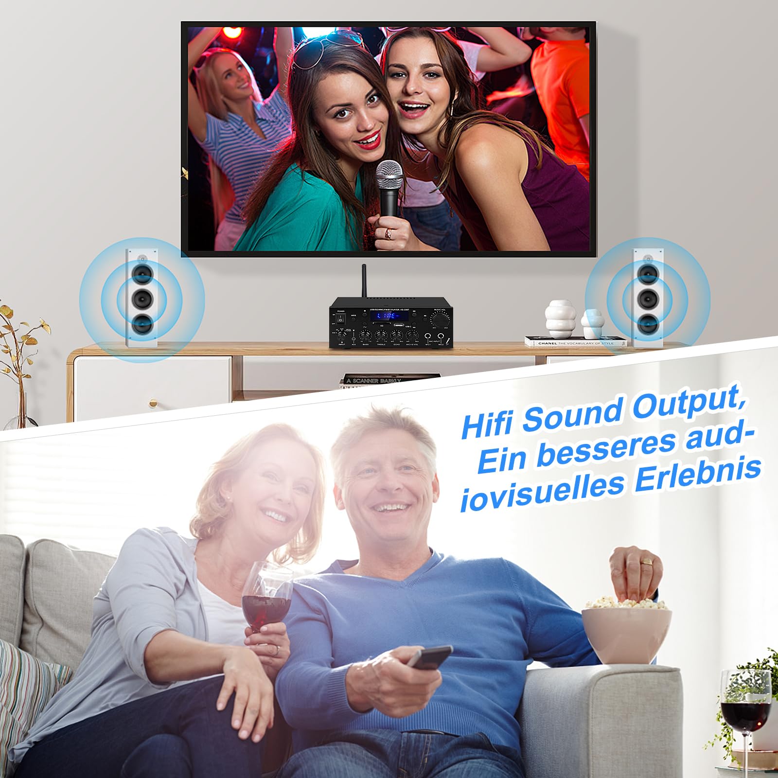 Amplificador de audio para el hogar, KS-33BT 2 canales Bluetooth 5.0, amplificador HiFi, RMS 60 W x 2 Max 400 W X 2 Amplificadores estéreo receptor W/Echo, USB/SD/AUX/BT.C/FM Micrófono para cine en