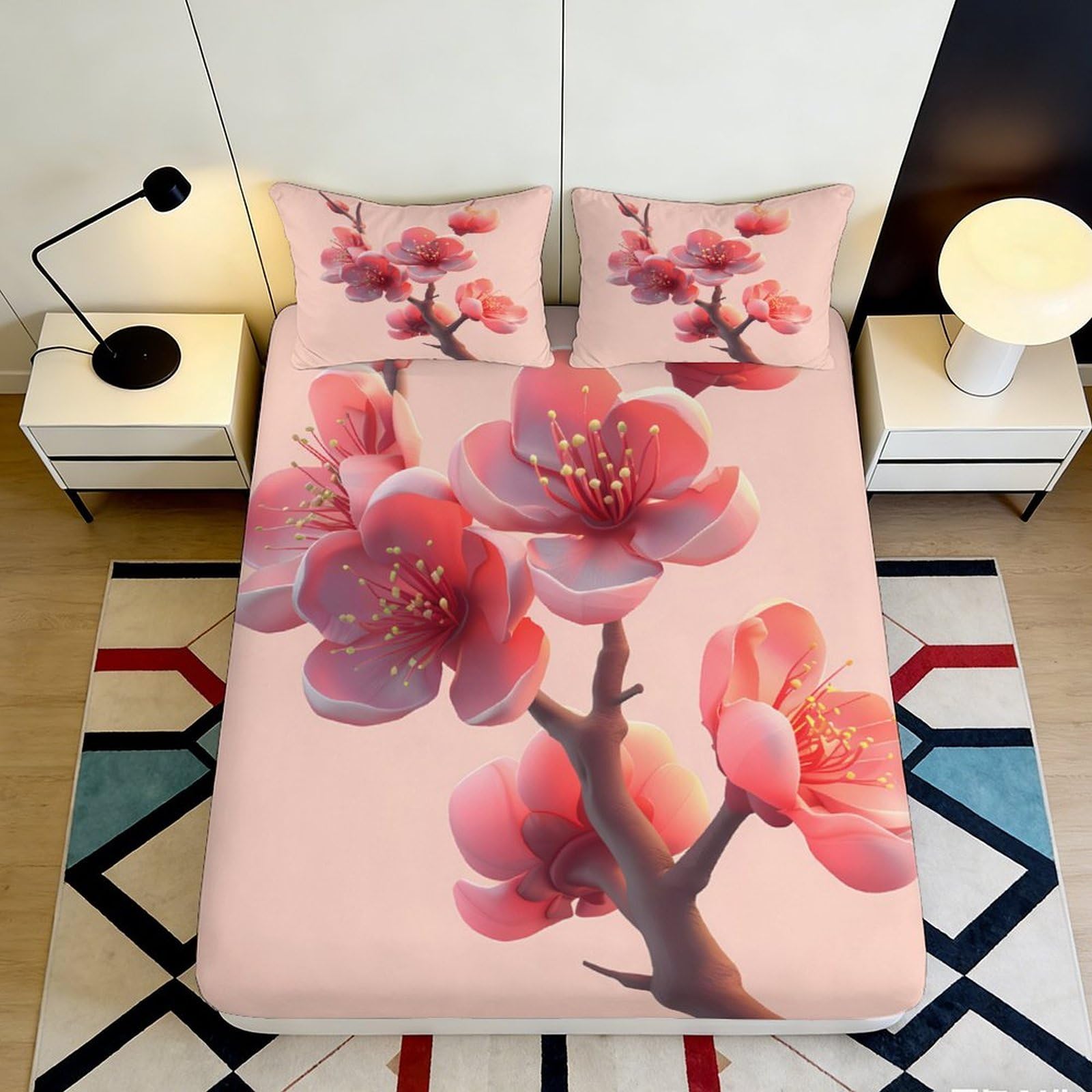 3D Printed Cherry Blossom Fitted Sheet Microfiber Soft Breathable Floral Branch Bed Cover for Bedroom Dormitory Guest Room Mattress Protection Decor 90x200x25cm