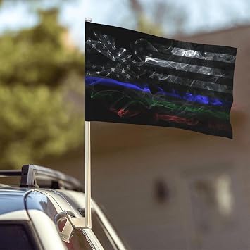 Double Side Smoke Style United States Thin Line Blue Green Red Flag Car Flag Window Clip 12 X 18 Inch UV Protection Outdoor Car Flags Decoration Banner
